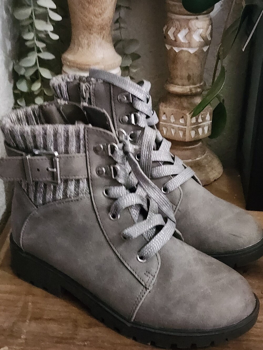 Girl’s Grey Lace-Up Ankle Boots with Knit Collar